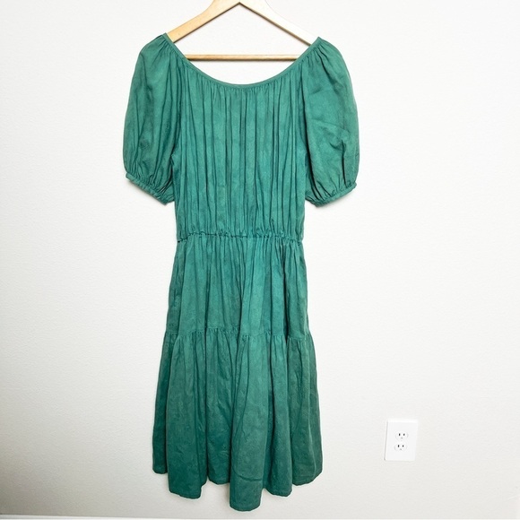 Vintage 70s Christian Joss green puff sleeve boho tapestry floral pocket dress - Picture 7 of 8